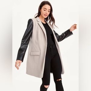 NWT DKNY Mixed Media Faux Leather sleeve longline Jacket